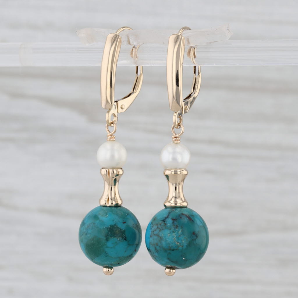 Cultured Pearl Green Bead Dangle Earrings 14k Yellow Gold Lever Backs