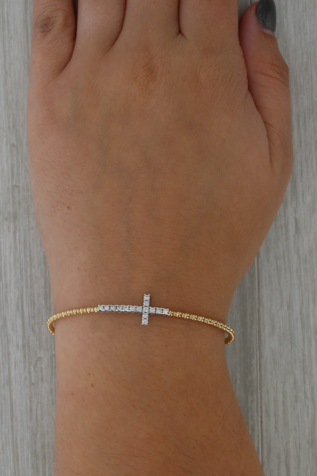 New 0.31ctw Diamond Cross Bead Flexible Bangle Bracelet 14k Gold 6.5"