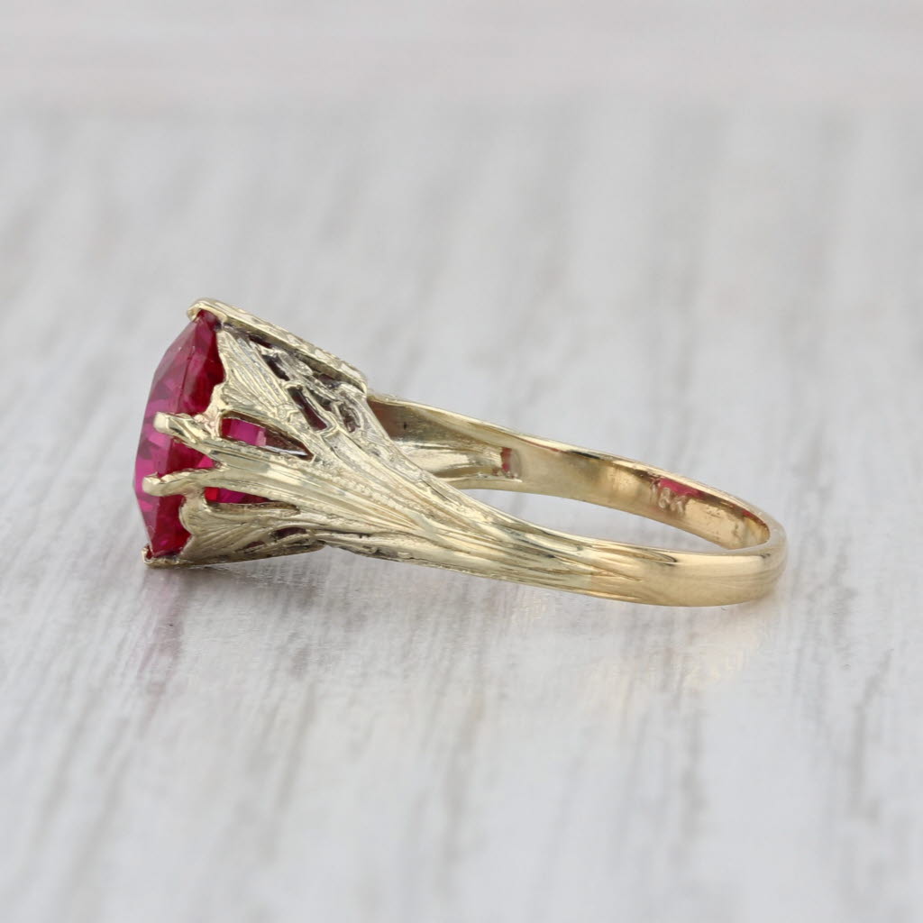 Vintage Lab Created Ruby Filigree Ring 18k Yellow Gold Size 5.5 Round Solitaire