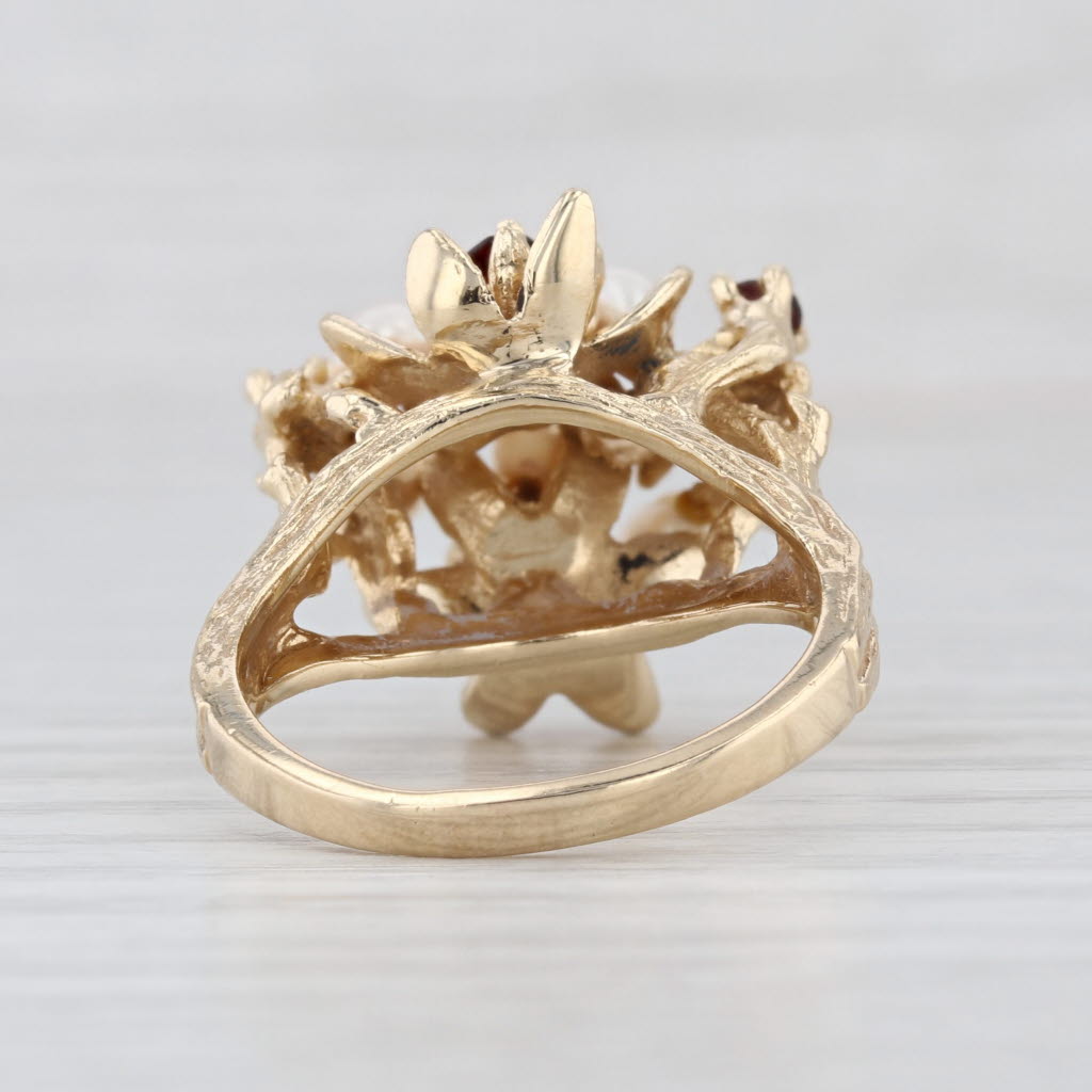 Cultured Pearl Clusters Garnet Flowers Ring 14k Yellow Gold Size 7.5