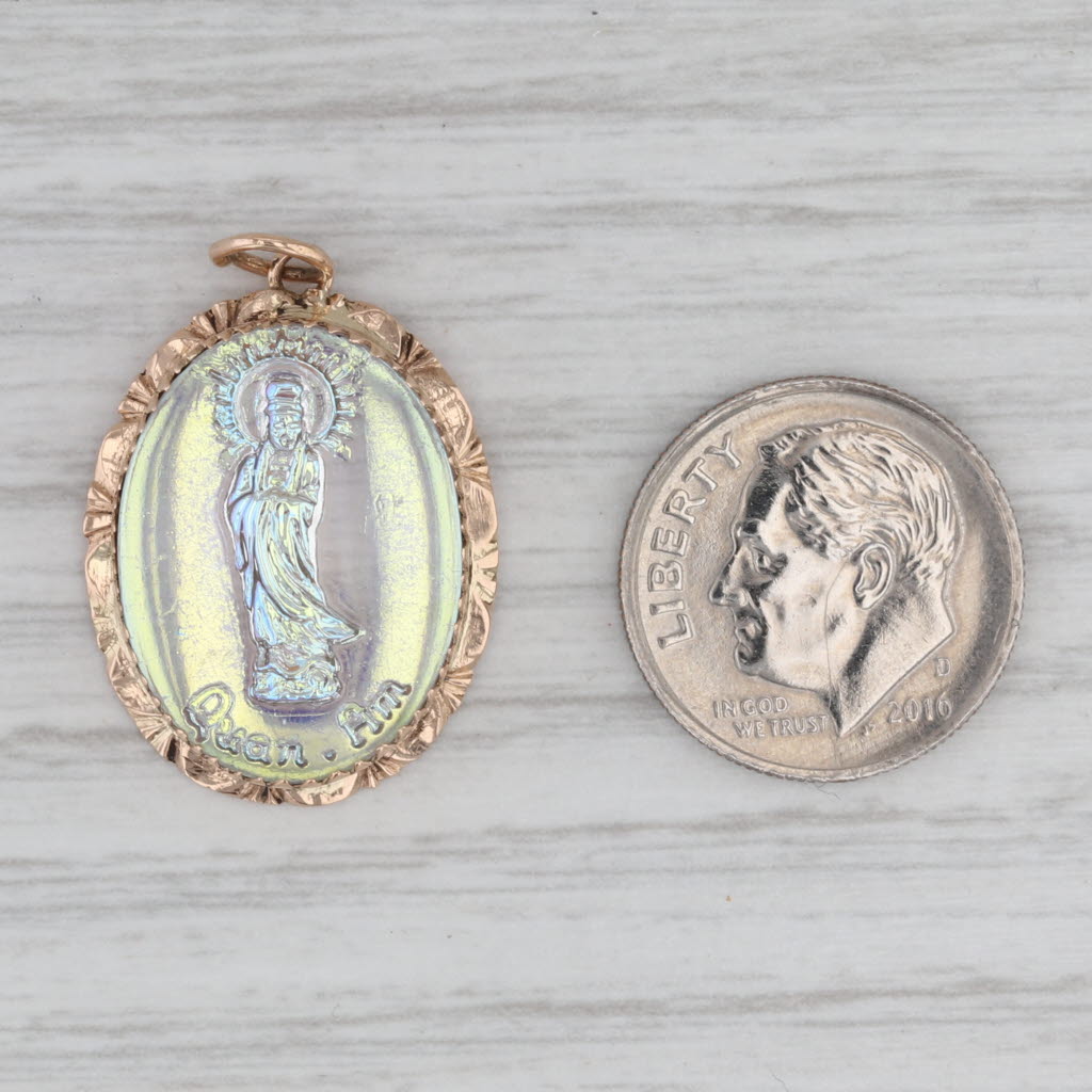 Quan Am Glass Pendant 14k Gold Figural Bodhisattva of Compassion in Buddhism