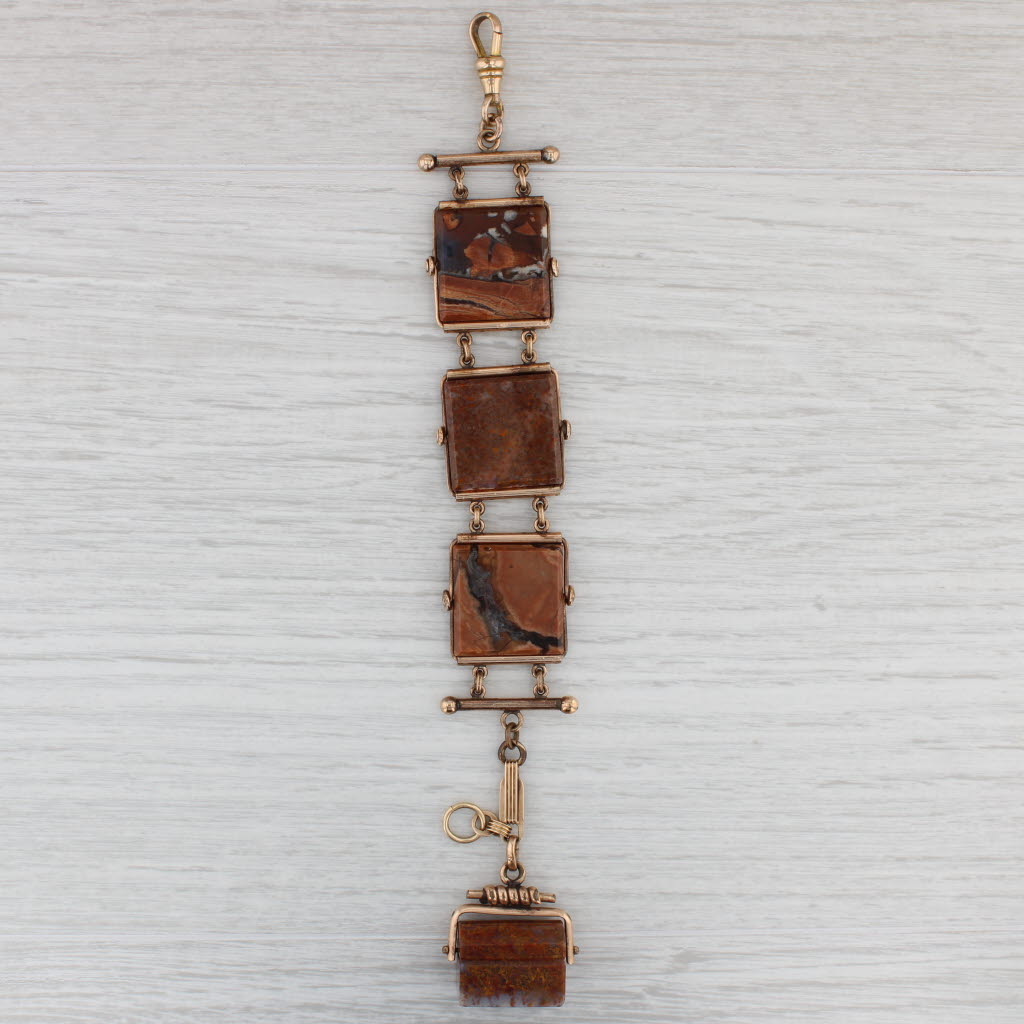 Light Gray Marbled Brown Agate Watch Chain Carved Chest Fob Vintage