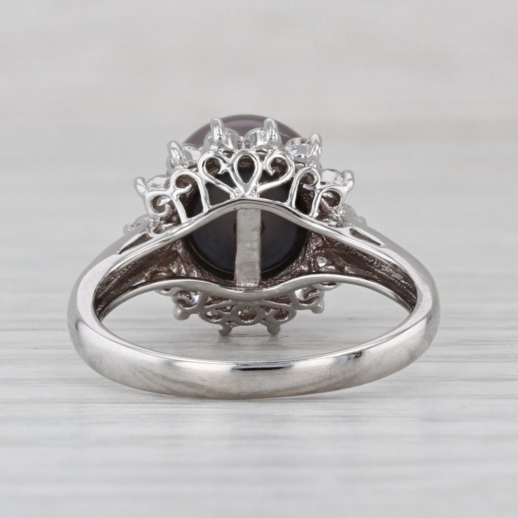 9.4mm Cultured Black Pearl 0.40ctw Diamond Halo Ring 18k White Gold Size 7