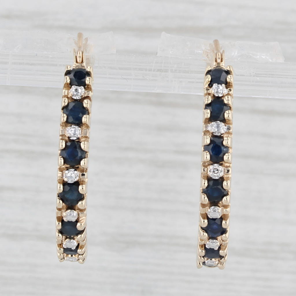 Light Gray 1ctw Blue Sapphire Diamond Hoop Earrings 10k Yellow Gold Snap Top Round Hoops
