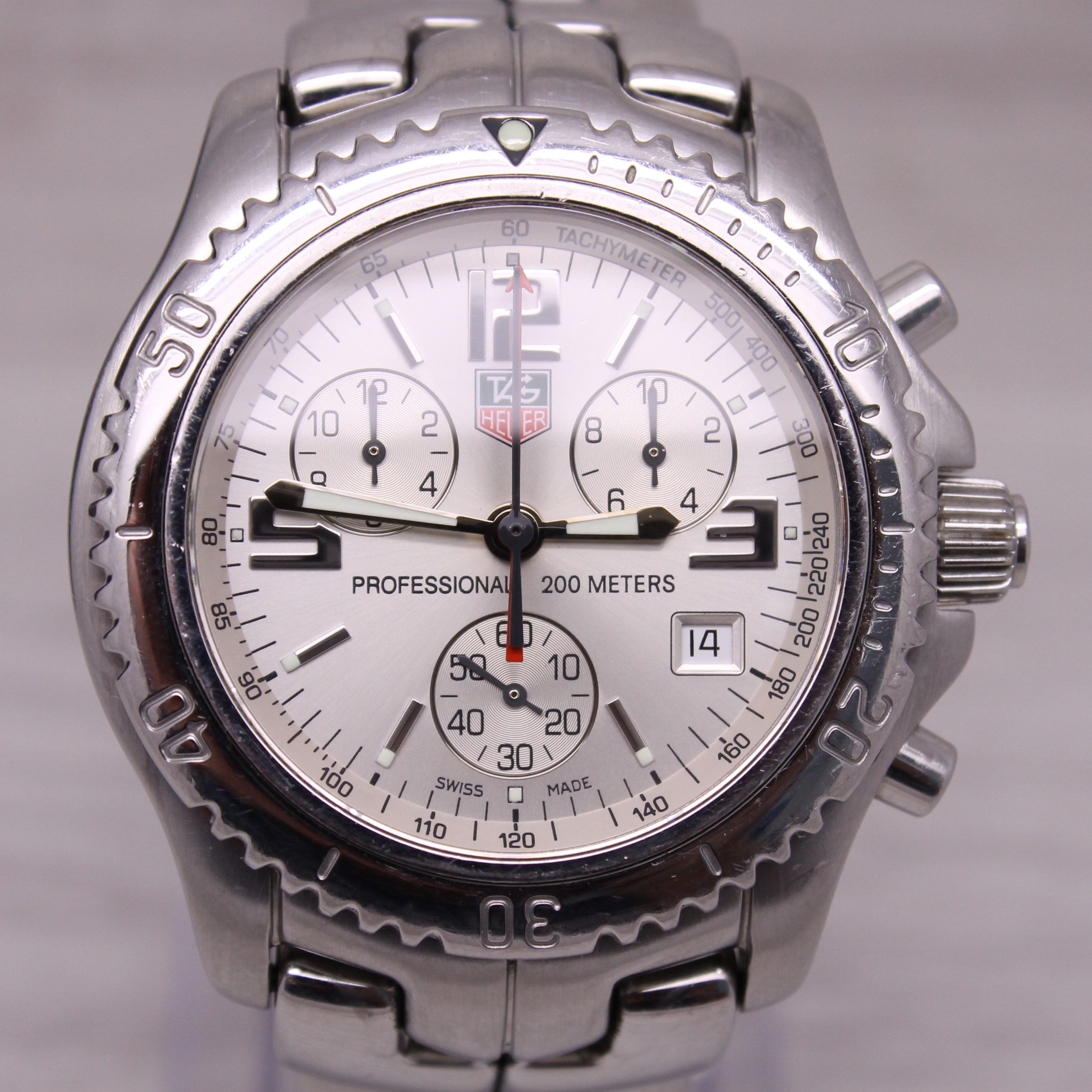 Dark Gray Tag Heuer CT1112 Mens 41mm Stainless Steel Quartz Chronograph Watch w Box