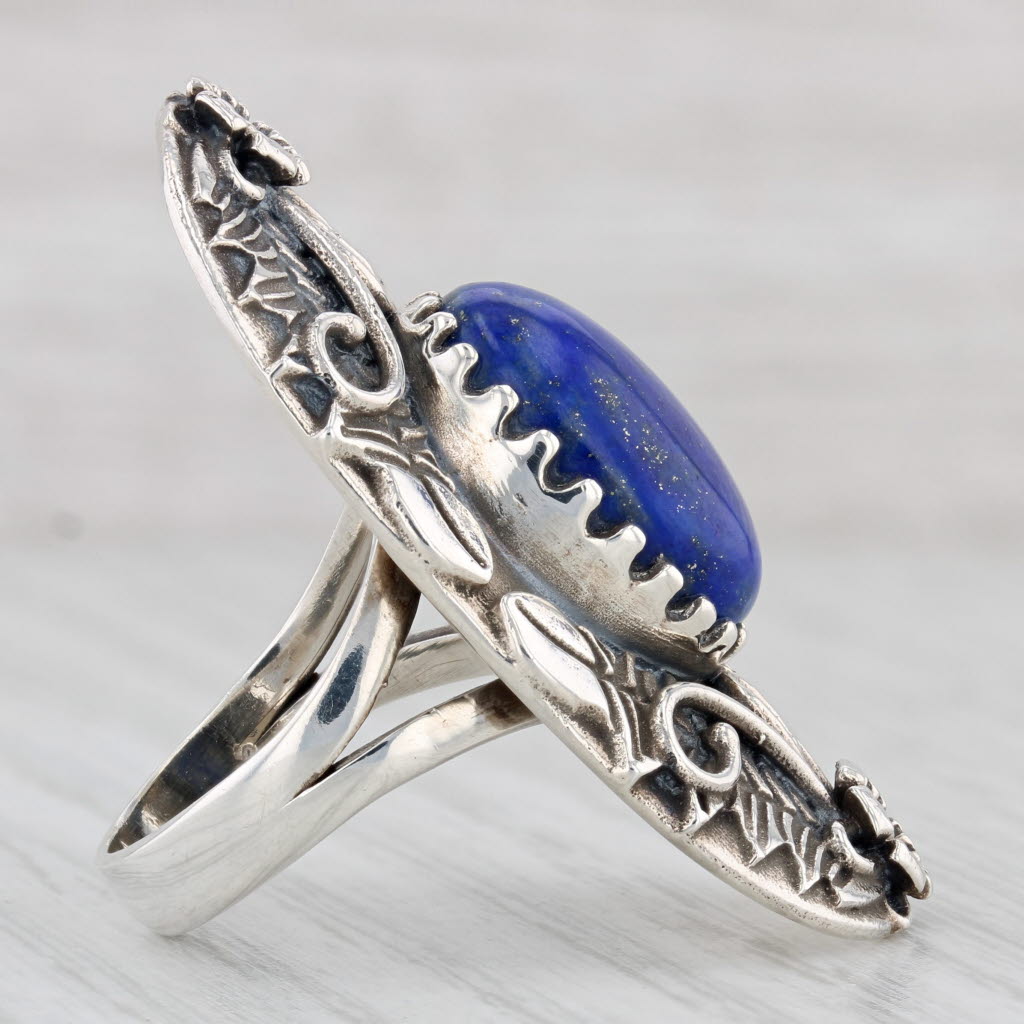 Light Gray Southwestern Lapis Lazuli Floral Statement Ring Sterling Silver Sz 8.25 Vintage