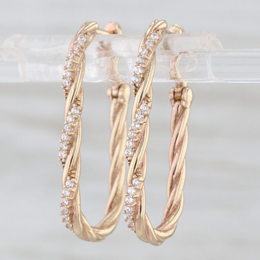Cubic Zirconia Twist Hoop Earrings 14k Rose Gold Snap Top Oval Hoops