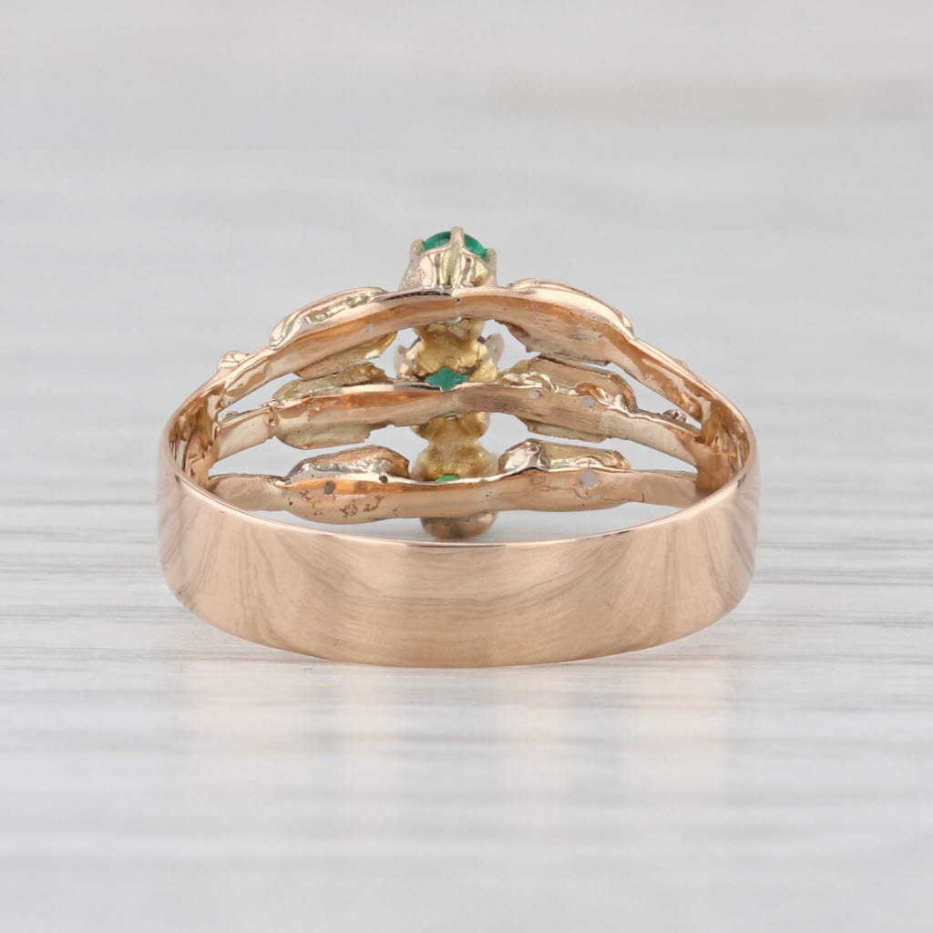Antique Garnet Green Glass Doublet Imitation Pearl Ring 14k Yellow Gold Size 8.5