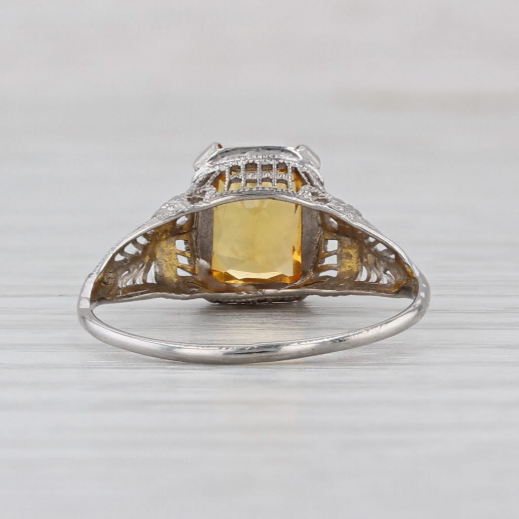 Vintage Lab Created Yellow Sapphire Ring Art Deco Filigree 10k White Gold Sz 6