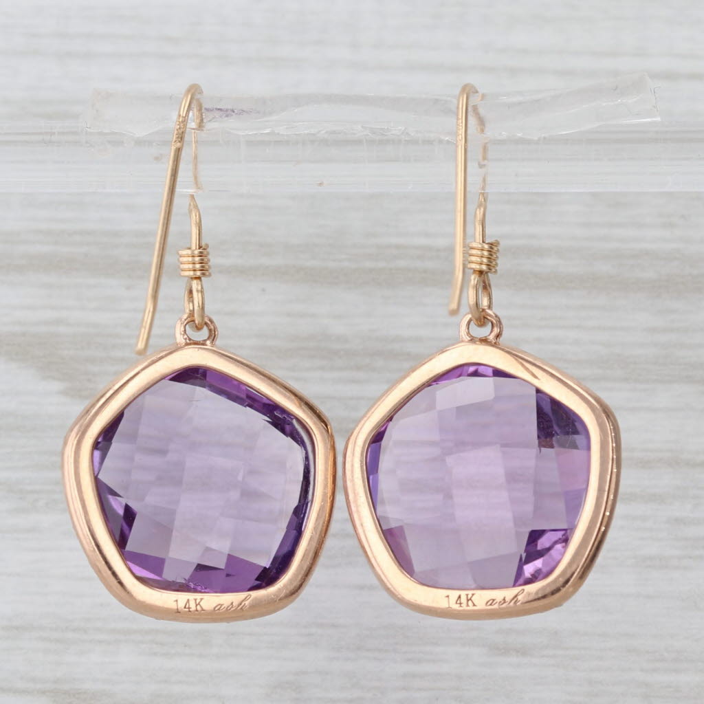 Amethyst 0.30ctw Diamond Halo Dangle Earrings 14k Yellow Gold Hook Posts