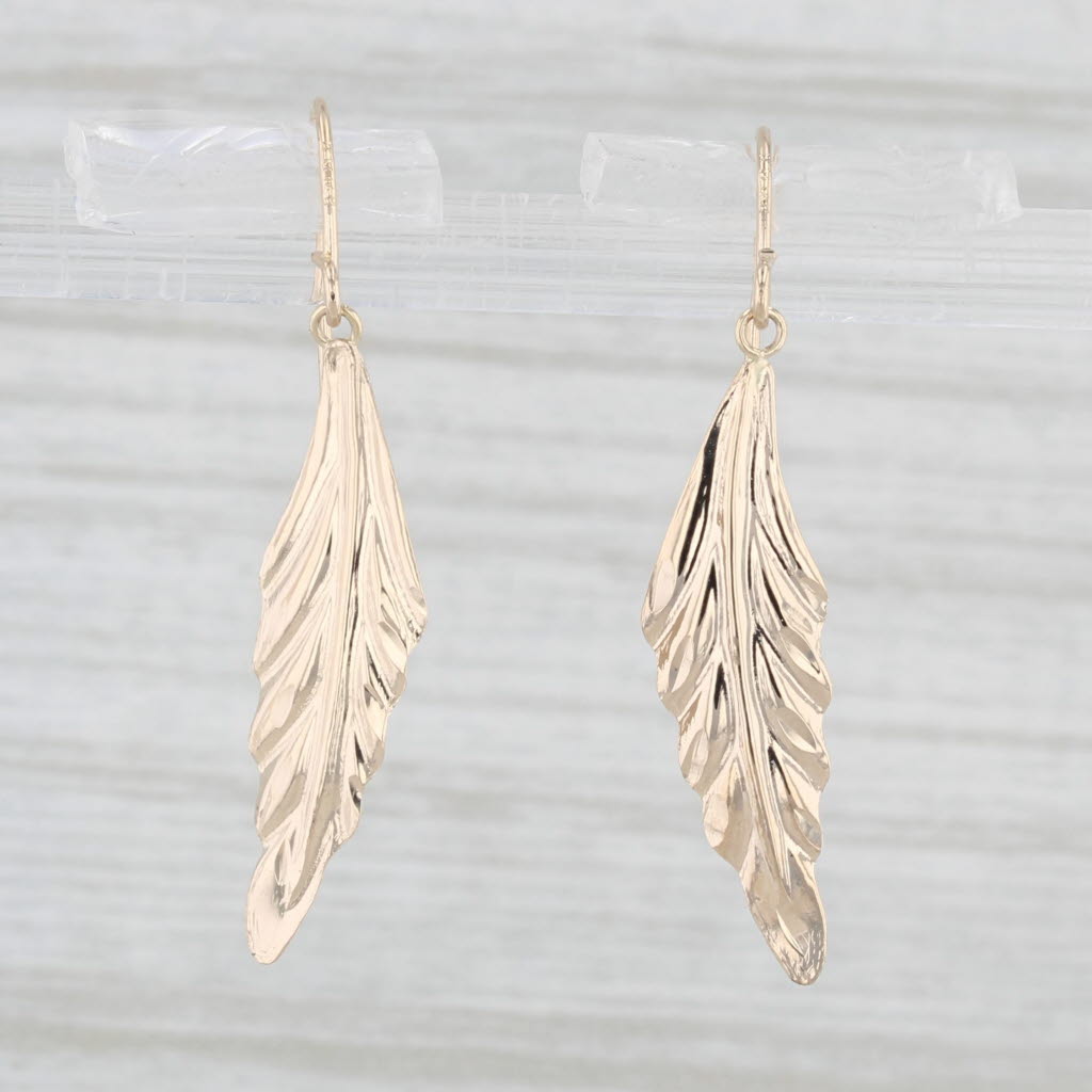 Light Gray Feather Leaf Dangle Earrings 14k Yellow Gold Hook Post Drops
