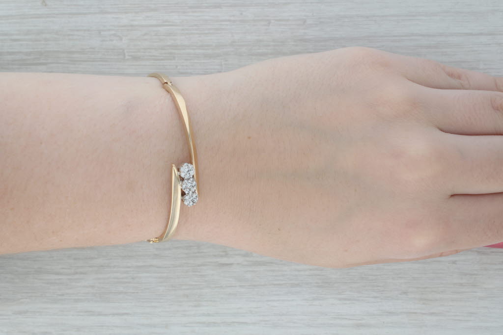 Dark Gray 0.50ctw Diamond 3-Stone Bypass Bangle Bracelet 14k Yellow Gold 6.75"