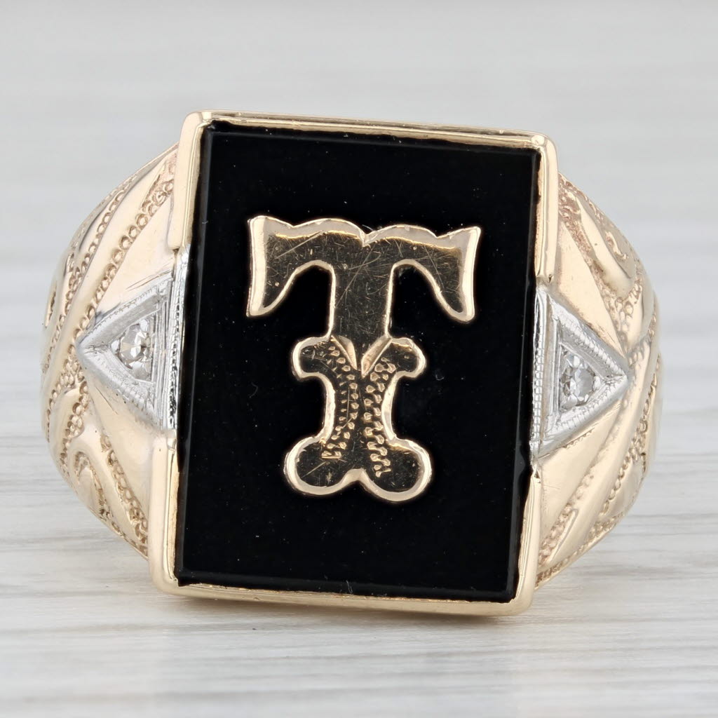 Black Letter Initial T Onyx Diamond Signet Ring 10k Yellow Gold Ornate Men's Size 9.75