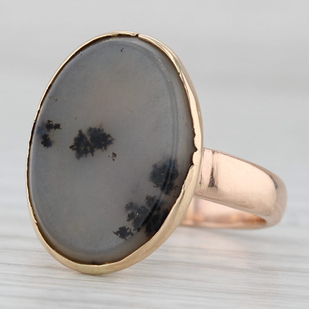 Light Gray Vintage Dendritic Oval Agate Ring 10k Yellow Gold Size 6.5