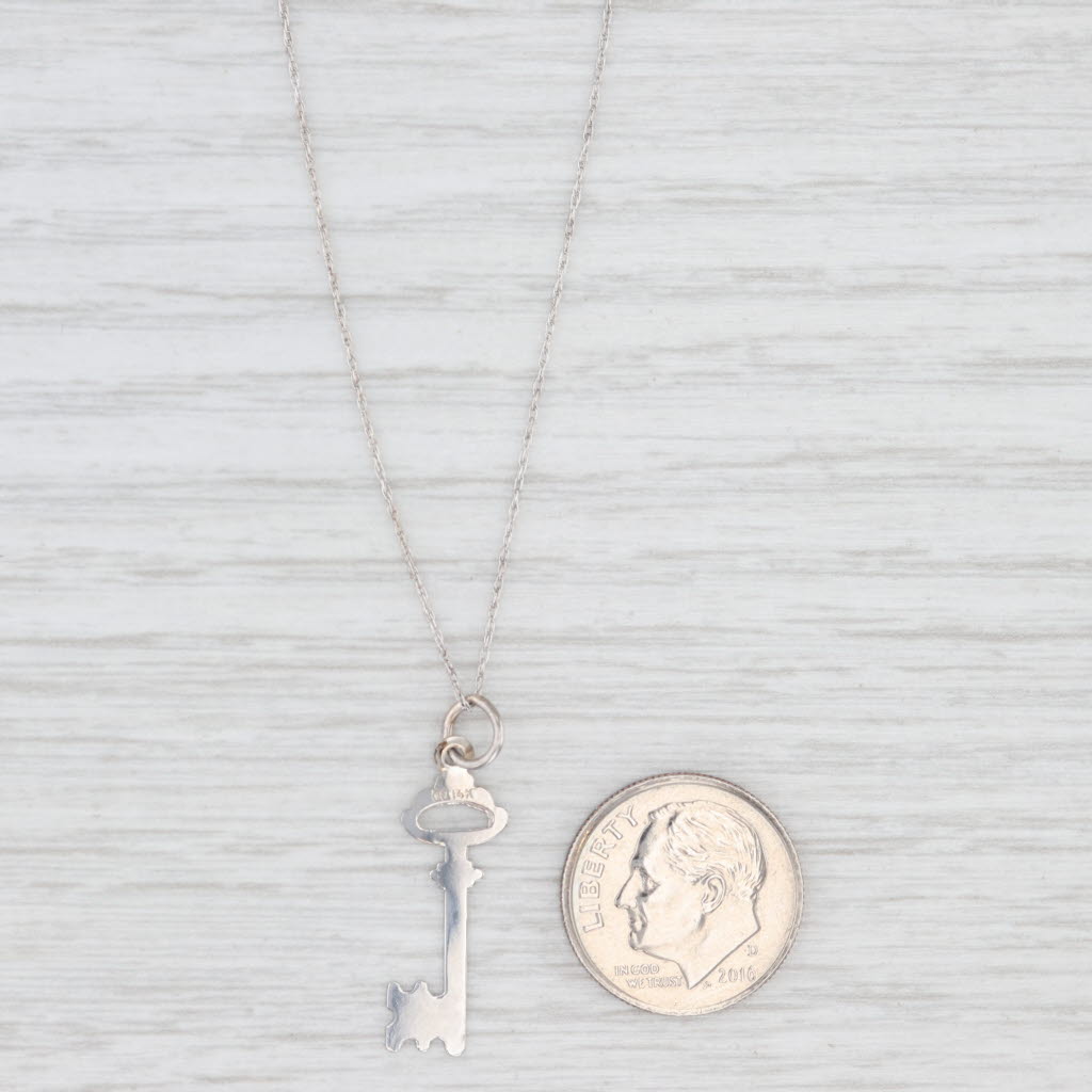 Light Gray Skeleton Key Pendant Necklace 14k White Gold 16" Fine Rope Chain