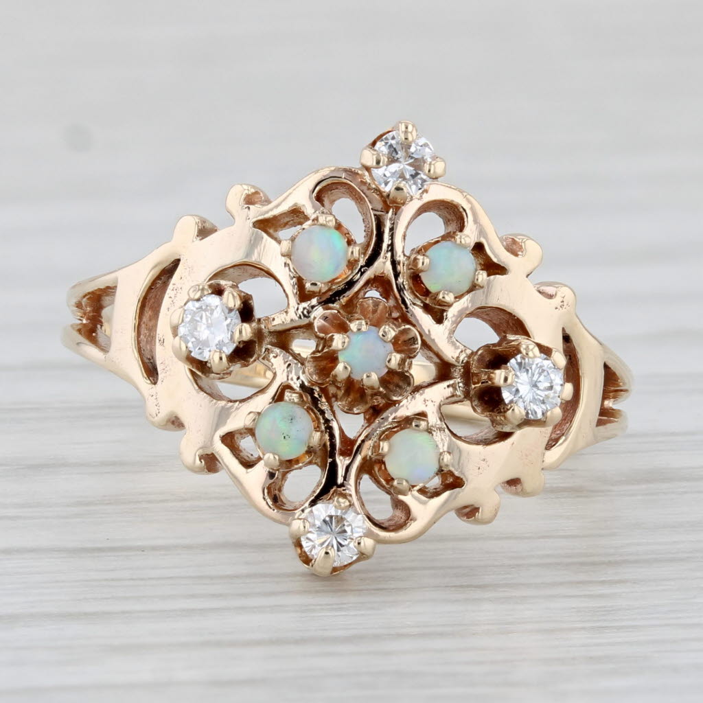 Light Gray Vintage Opal Diamond Ring 14k Yellow Gold Size 7.25