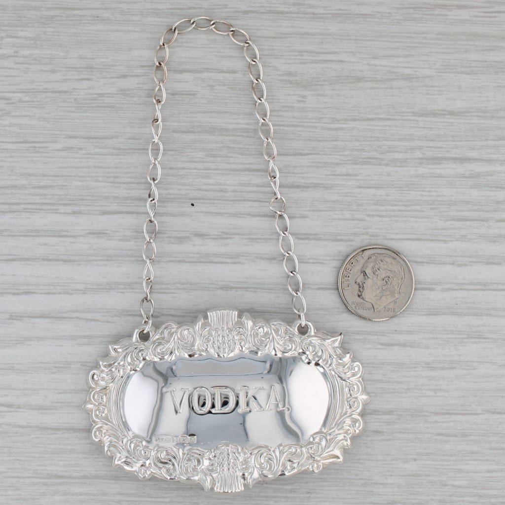 Gray Vintage Vodka Decanter Bottle Tag Charm British Sterling Silver Barware Floral