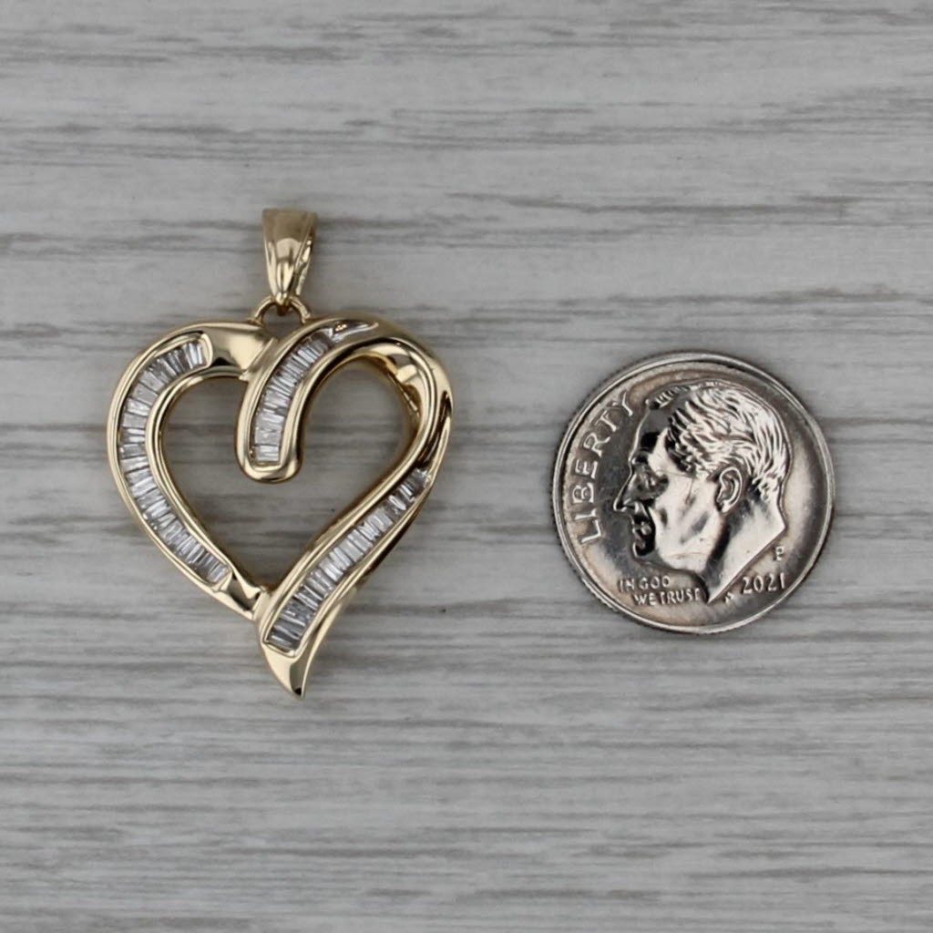 Stylized Diamond Open Heart Pendant 14k Yellow Gold Channel Set Baguettes