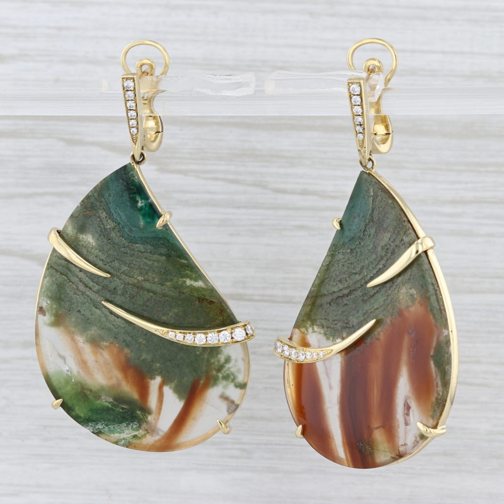 Frederic Sage Statement Earrings 0.30ctw Diamond Moss Agate 18k Yellow Gold
