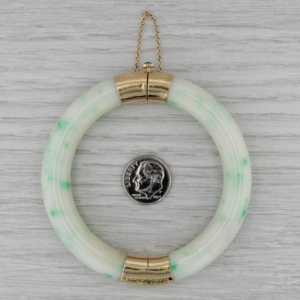 Green Jadeite Jade Bangle Bracelet Floral 14k Yellow Gold 7" 10.1mm