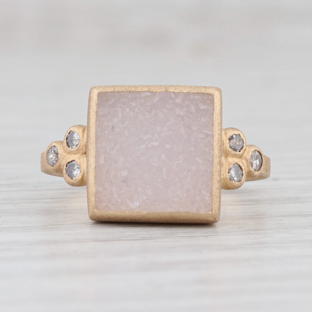 New Chloe Nina Wynn White Druzy Quartz Diamond Ring Brushed 18k Gold Size 7