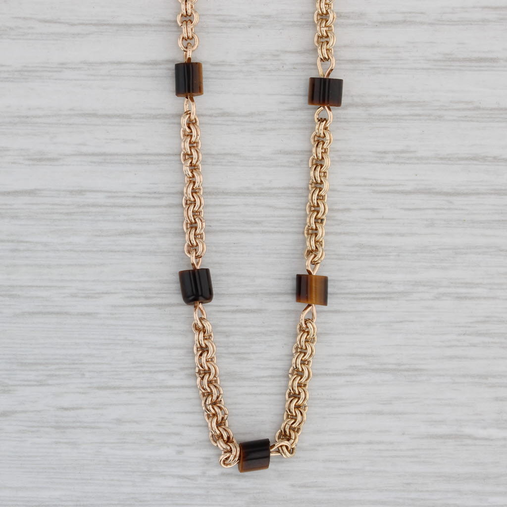 Gray Vintage Tiger's Eye Bead Cable Chain Necklace 14k Yellow Gold 30.5" Long