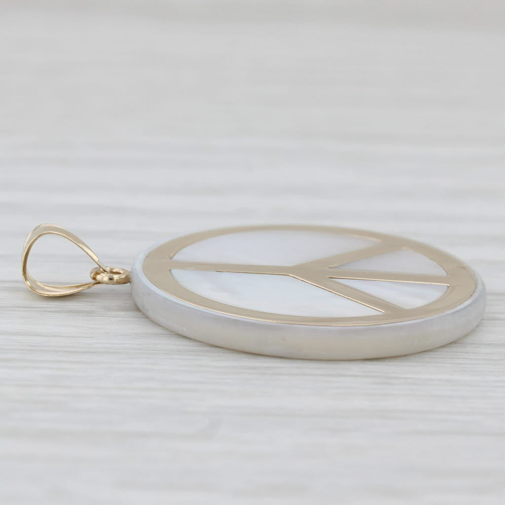 Light Gray Mother of Pearl Peace Sign Medallion Pendant 14k Yellow Gold