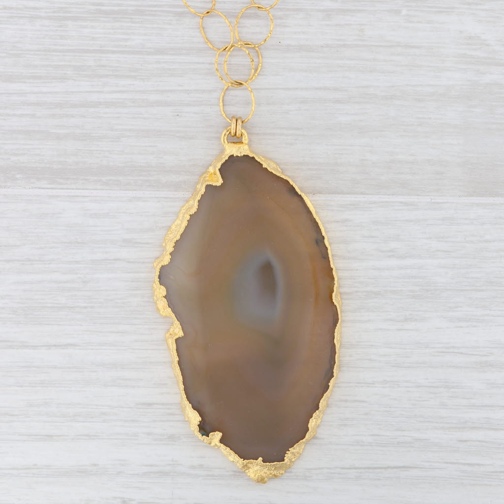 New Nina Wynn Agate Slice Statement Pendant Necklace Sterling Gold Vermeil 30"