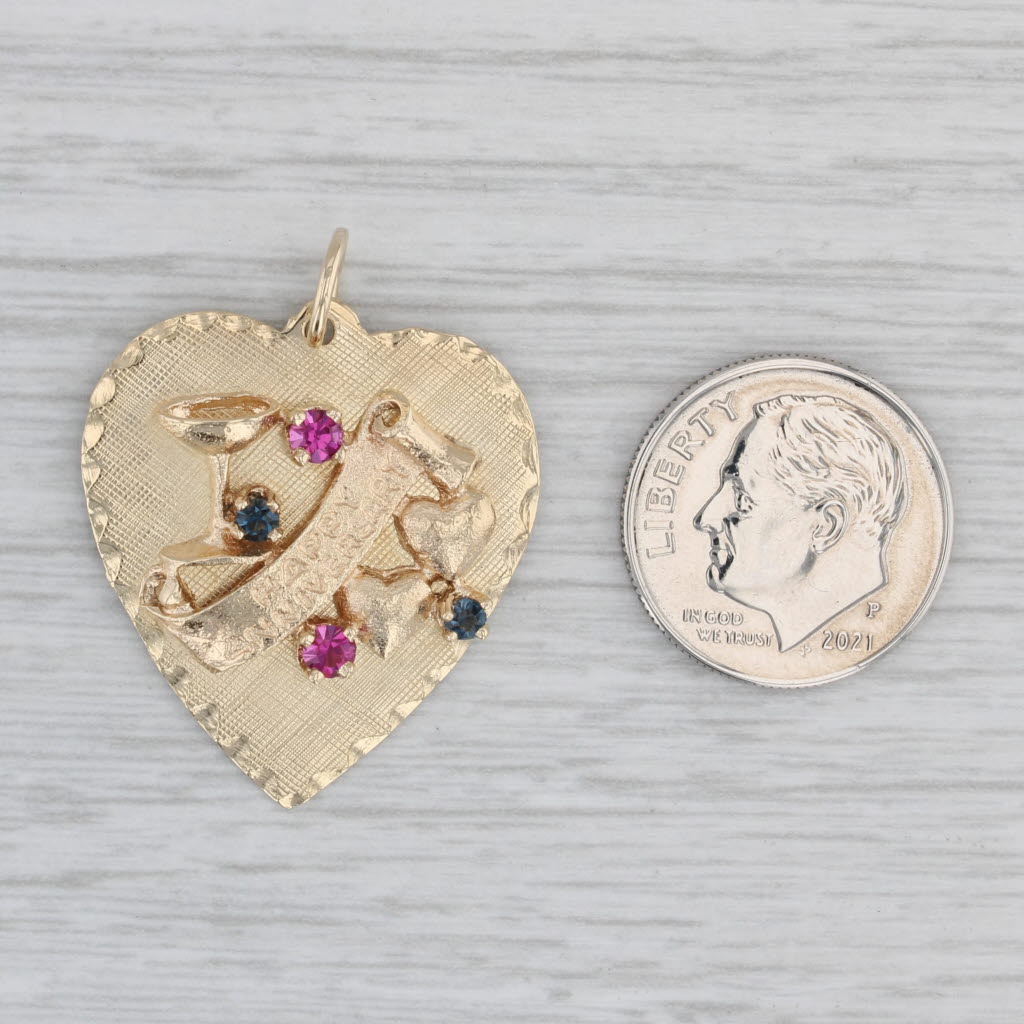 Gray Glass simulated Ruby Sapphire Heart Pendant 14k Gold Happy Anniversary Charm