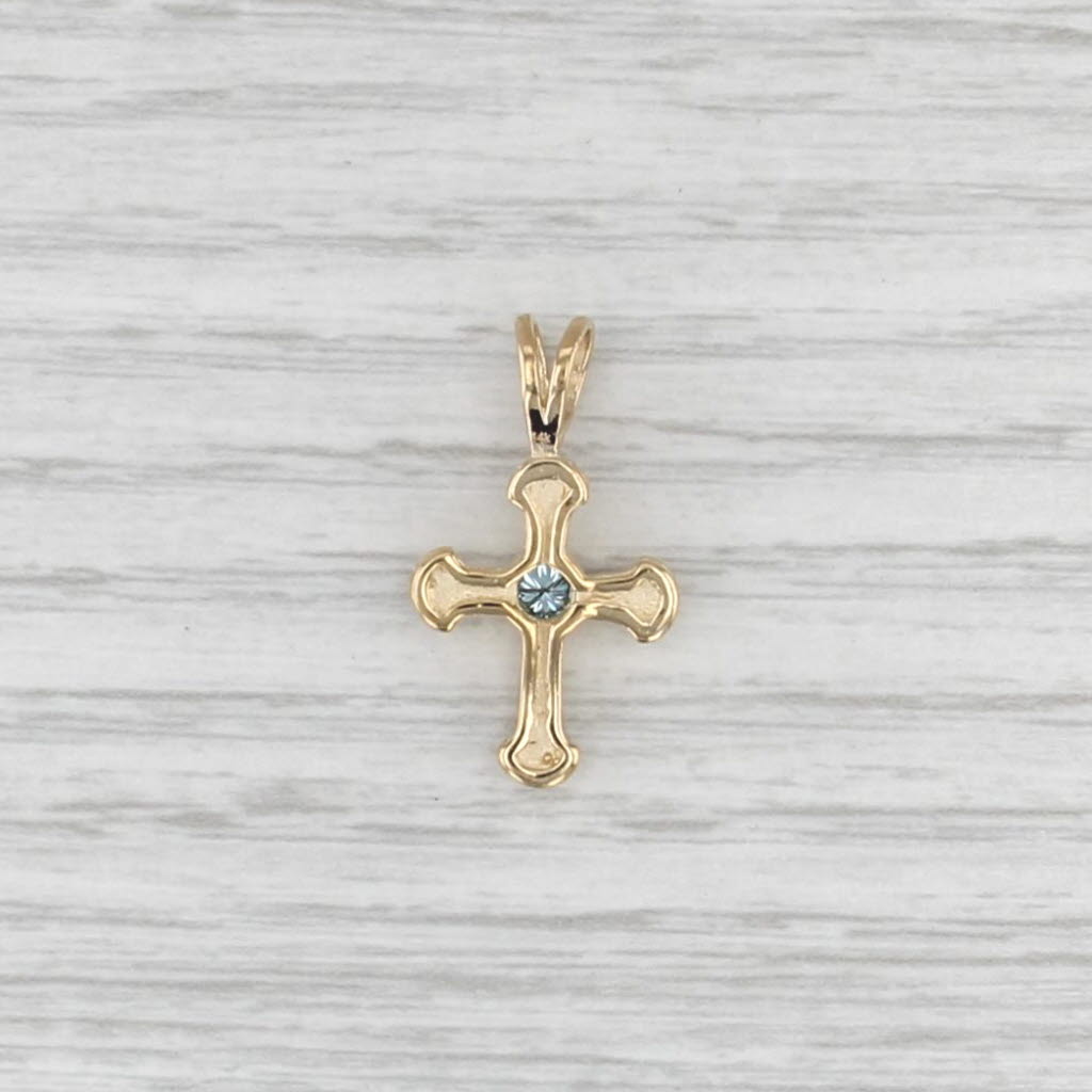 0.10ct Blue Diamond Cross Pendant 14k Yellow Gold Small Drop
