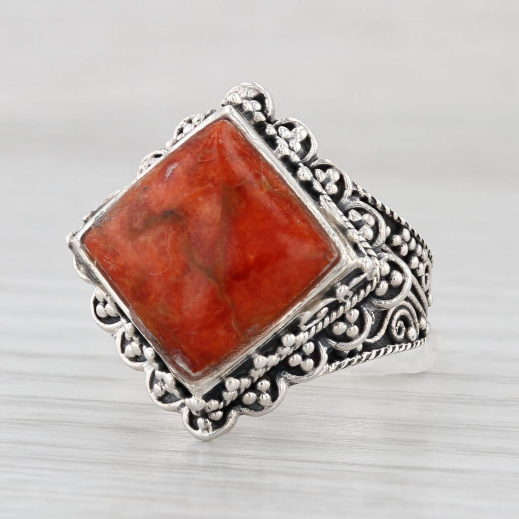 Orange Spiney Oyster Coral Resin Ornate Ring Sterling Silver Size 6.75