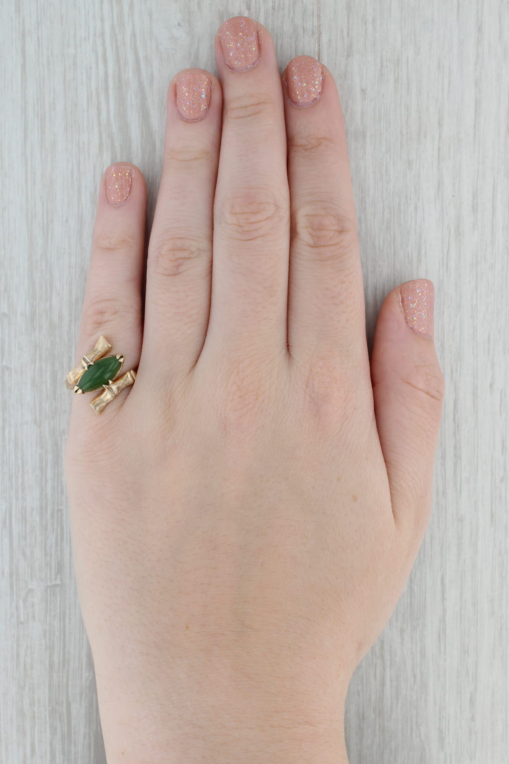Gray Marquise Green Nephrite Jade Bamboo Ring 10k Yellow Gold Bypass Size 6.25