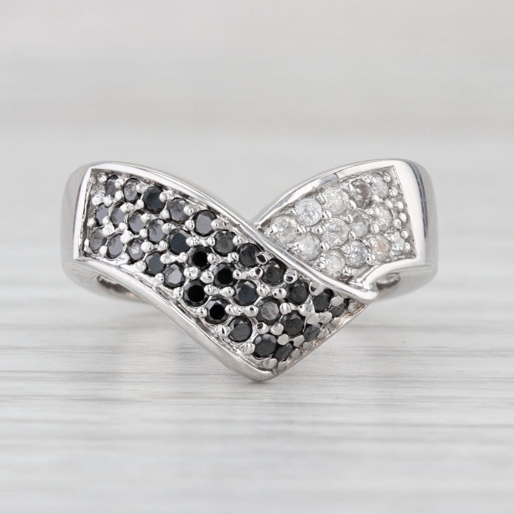 0.46ctw Black White Diamond Bypass Contoured Knot Ring 14k White Gold Size 6.25