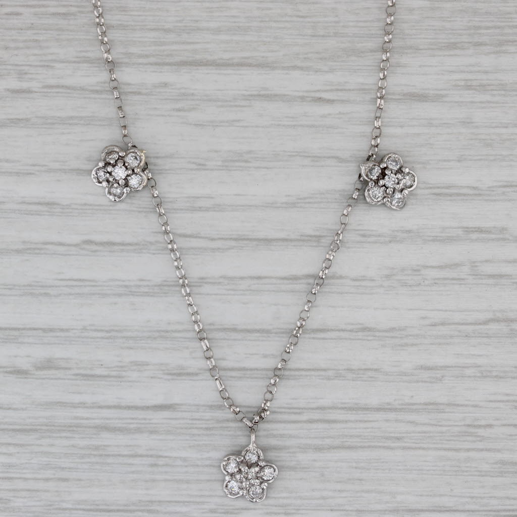 Gray 0.50ctw Diamond Flower Station Necklace 14k White Gold 16" Rolo Chain