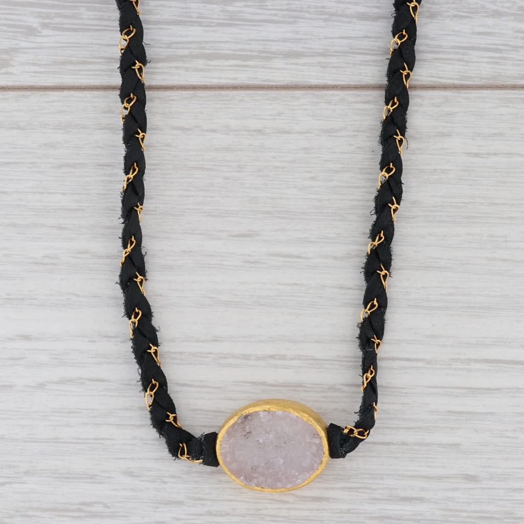 New Nina Wynn Necklace Cordelia Black Leather White Druzy Pendant NWT