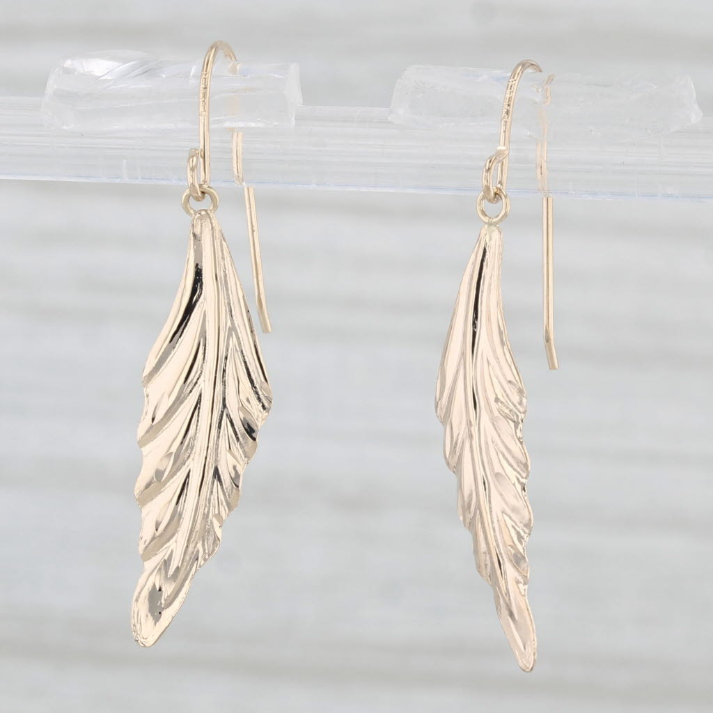 Light Gray Feather Leaf Dangle Earrings 14k Yellow Gold Hook Post Drops