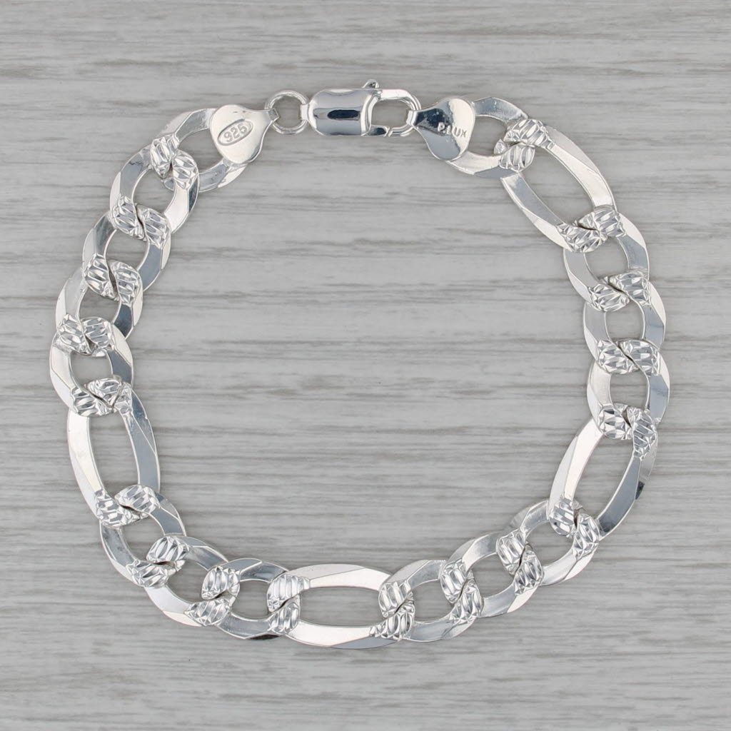 Sterling Silver Figaro Chain Bracelet Italian 8.25" 10.7mm