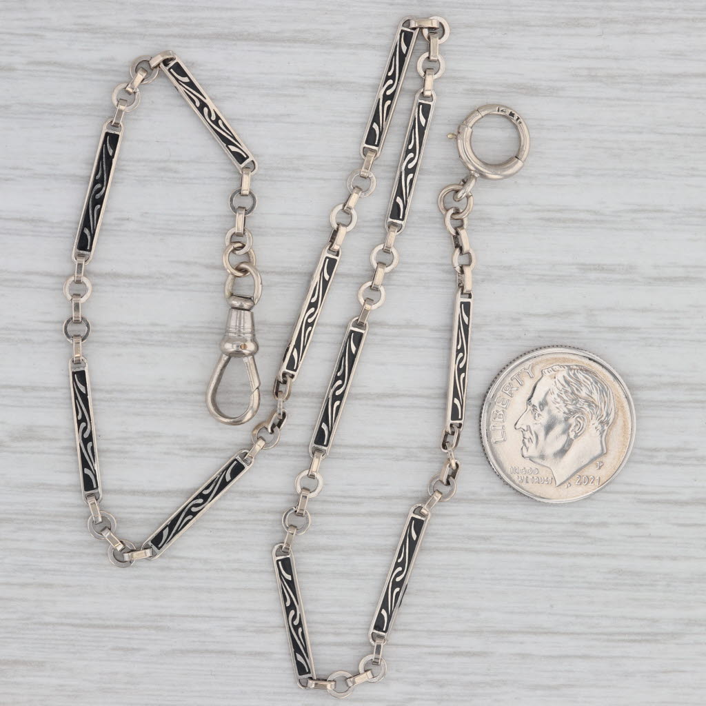 Gray Vintage Watch Chain 14k White Gold Enamel Bar Links 13"