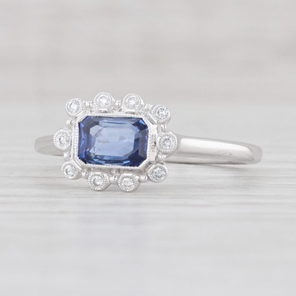 New 0.81ctw Blue Sapphire White Diamond Halo Ring 14k White Gold 6.5 Engagement