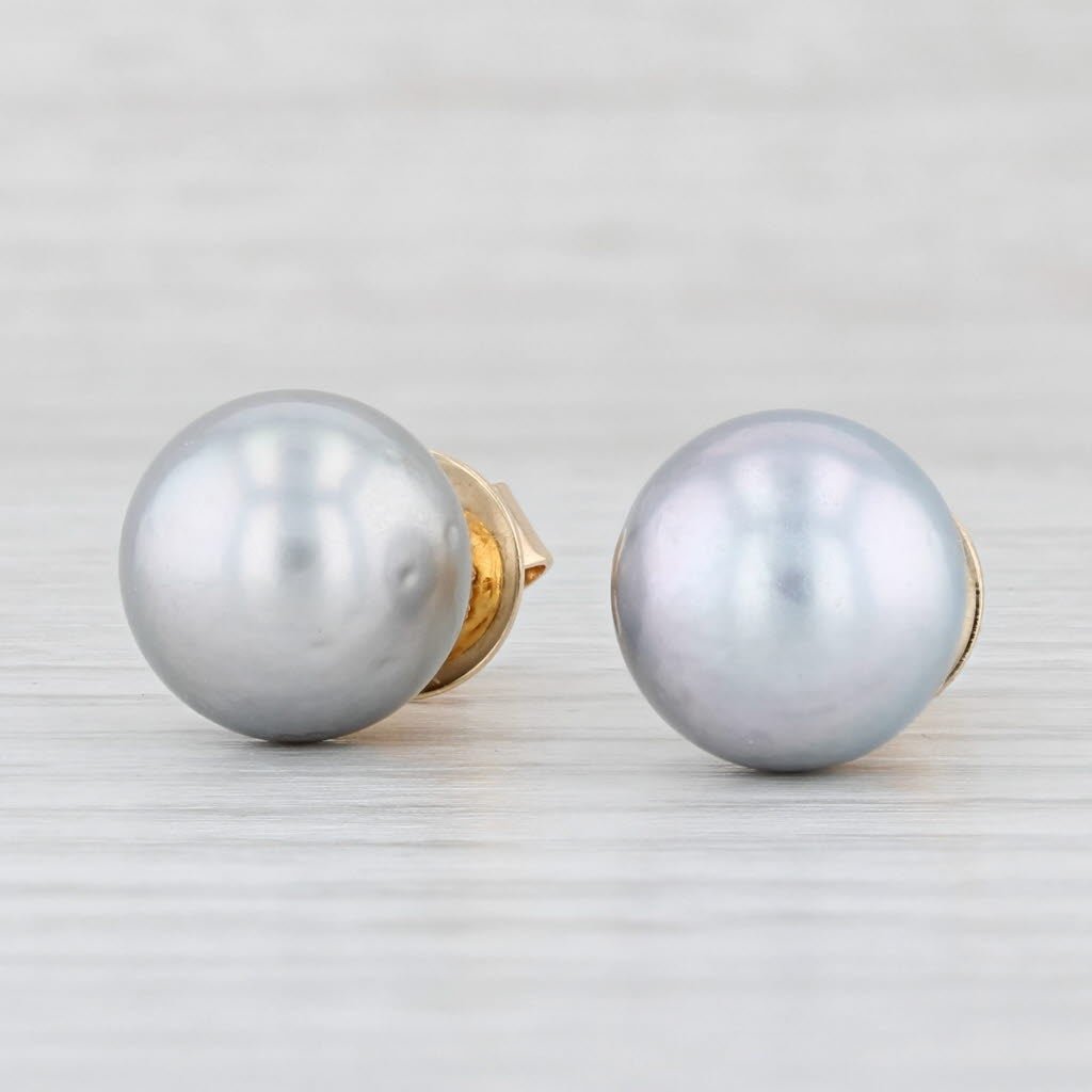 Light Gray Gray Cultured Pearl Stud Earrings 14k Yellow Gold 11mm Round Solitaires