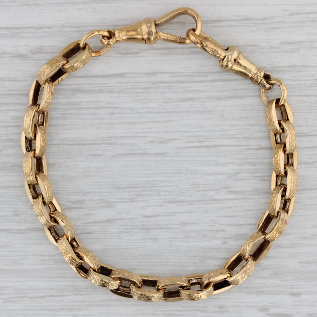 Gray Antique Watch Chain Bracelet 9k Yellow Gold Etched Cable Chain 7" 6.5mm