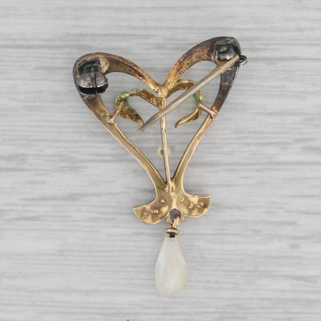 Gray Vintage Pearl Floral Heart Pin 10k Yellow Gold Brooch AS IS