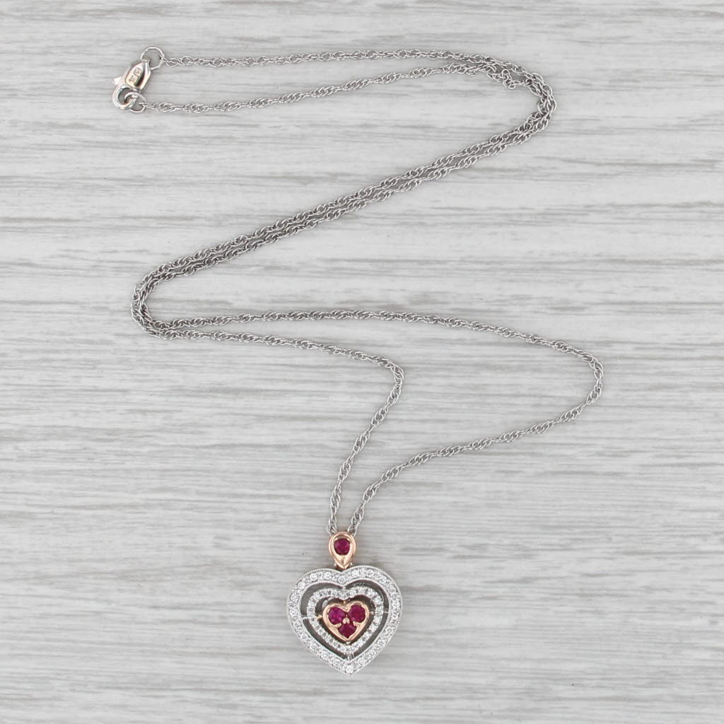 0.44ctw Ruby Diamond Halo Heart Pendant Necklace 18k White Rose Gold 18"