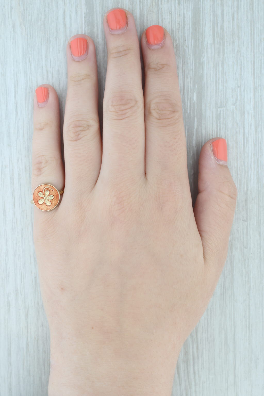 Orange Enamel Flower Signet Ring 14k Yellow Gold Size 7.5