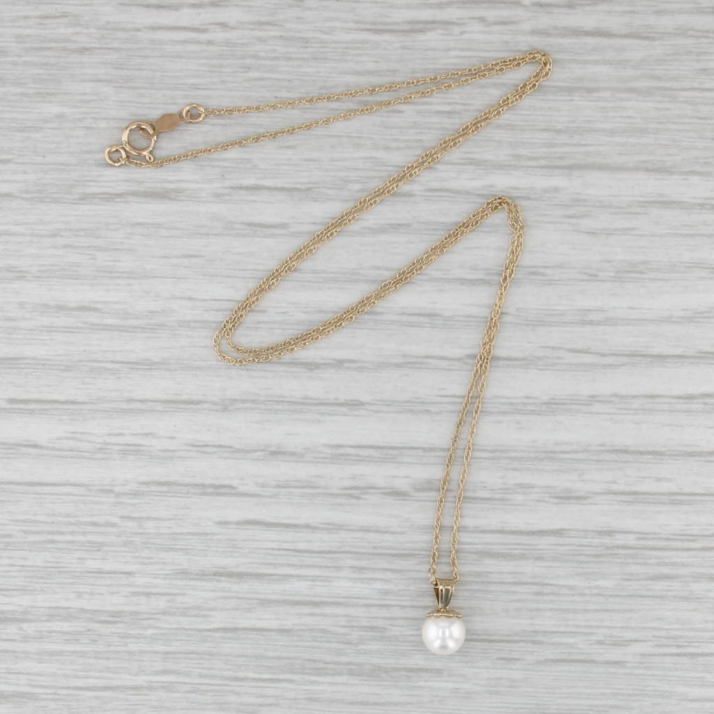 Cultuerd Pearl Solitaire Drop Pendant Necklace 14k Yellow Gold 18.25" Rope Chain