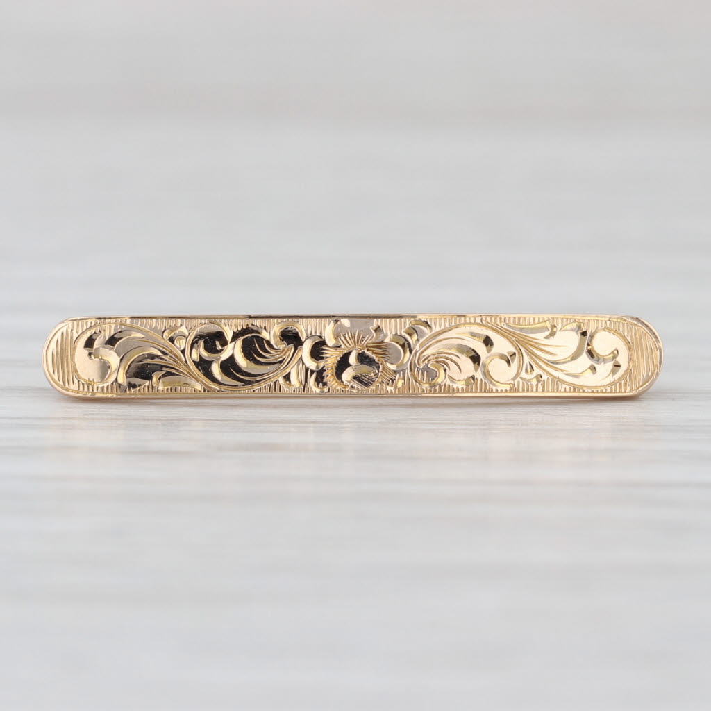 Vintage Ornate Floral Bar Pin 14k Yellow Gold
