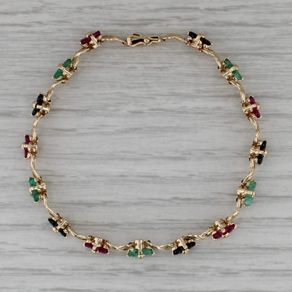 4.84ctw Ruby Sapphire Emerald Flower Tennis Bracelet 14k Yellow Gold 7"