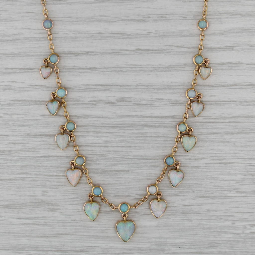 Vintage Opal Heart Drops Station Necklace 9k Yellow Gold 16" Tube Clasp