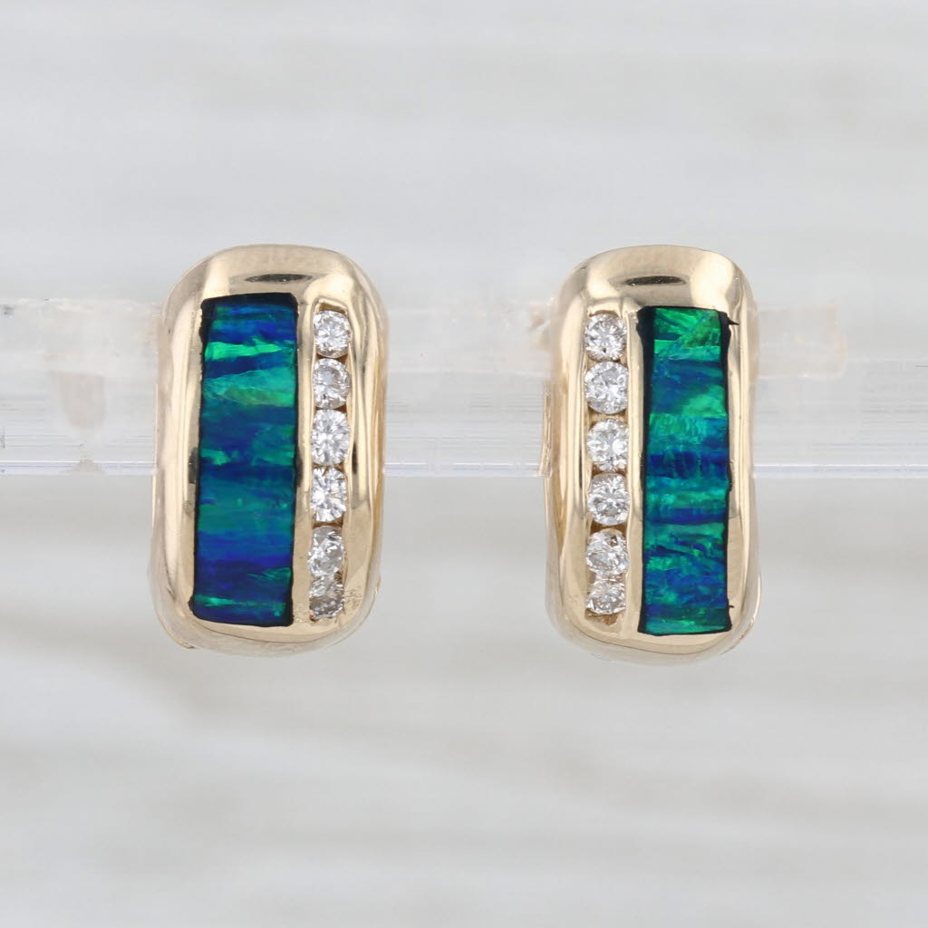 0.19ctw Diamond Blue Green Opal Mosaic Inlay Huggie Hoop Earrings 14k Gold