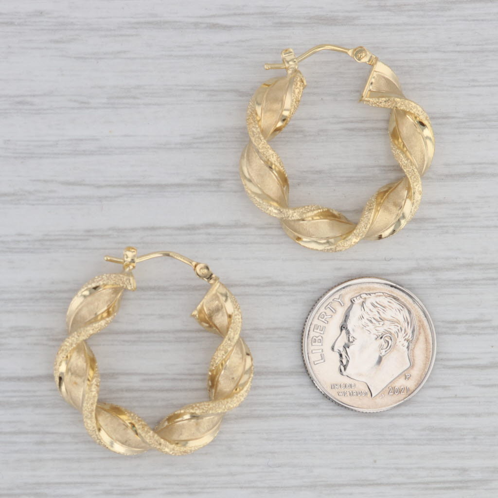 Gray New Twist Brushed Hoop Earrings 14K Yellow Gold Round Hoops Pierced Snap Top